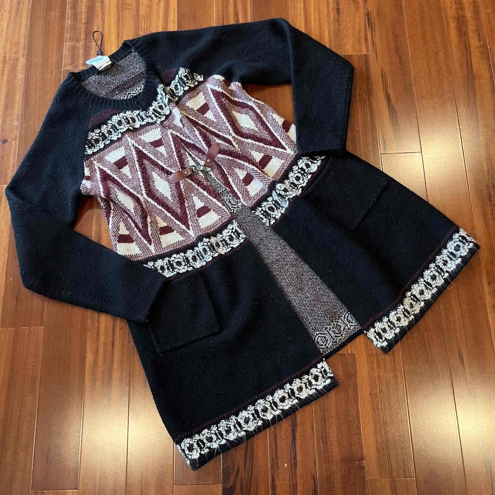 BCBGMAXAZRIA Black Cardigan Sweater‎ Belted Long Sleeve Geometric Print Sz Large